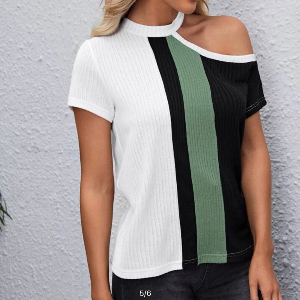 SHEIN Asymmetrical shoulder Rib-knit colorblock tee.